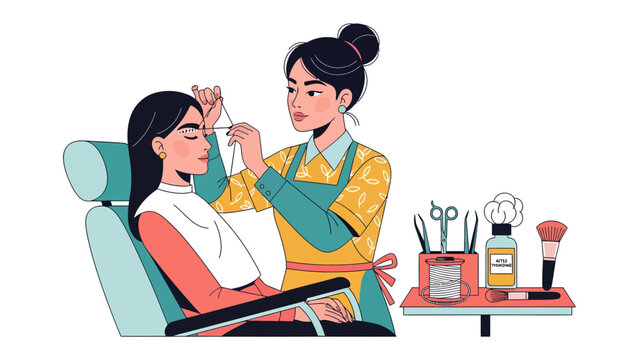 Eyebrow Shaping Expertise: A skilled beautician meticulously shapes a client's eyebrows using threading technique, surrounded by essential beauty tools.