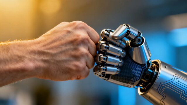 AI powered robotic arm fist bumping human hand, futuristic automation and partnership concept featuring digital innovation, teamwork and cyber technology