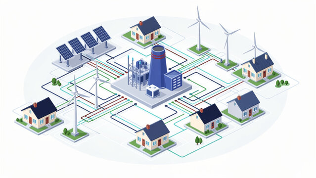 Smart solar and wind-powered village with sustainable energy infrastructure and renewable resources in a modern community setting