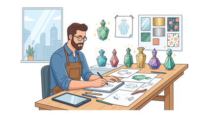 Fototapeta premium Perfume Designer at Work: A skilled designer meticulously sketches perfume bottle concepts at a wooden desk, surrounded by colorful fragrance prototypes and design mood boards.