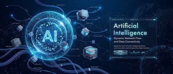 Naklejka premium Futuristic digital brain made of glowing data particles with AI letters. Concept of artificial intelligence, neural networks, and advanced technology. Vector illustration on blue background ai