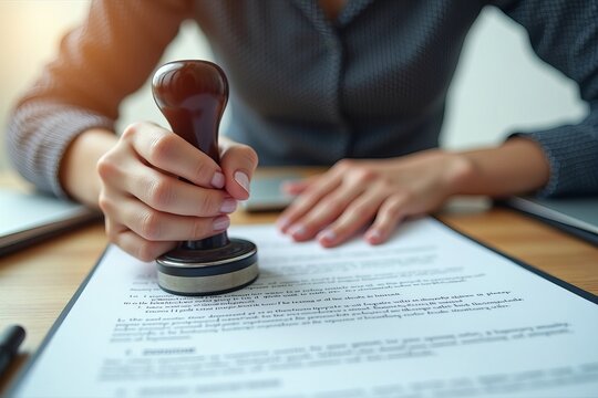 Close-up Image of a Woman Stamping a Document in an Office Setting: Illustrating the Legalization and Approval of Important Paperwork.