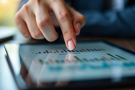 Close-up image of a hand pointing at a tablet graph, representing financial analysis and business investment choices.