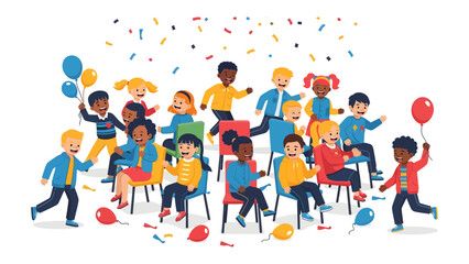Fototapeta premium Children's Celebration with Confetti and Balloons: A vibrant illustration depicts a diverse group of happy children, some seated and some standing.