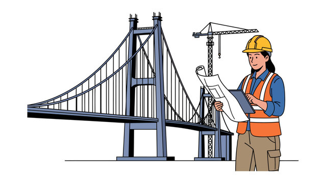 Bridge Construction: A female engineer in a hard hat and safety vest reviews blueprints at a large suspension bridge construction site with a crane in the background.