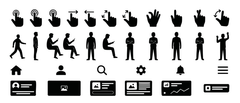 UI UX Icon Set Silhouette vectors featuring touch gestures, standing and sitting people figures, mobile application wireframe card elements, and web navigation buttons for digital interface design.