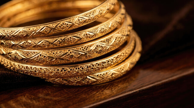 Elegant gold bangles stacked together, showcasing intricate designs and craftsmanship