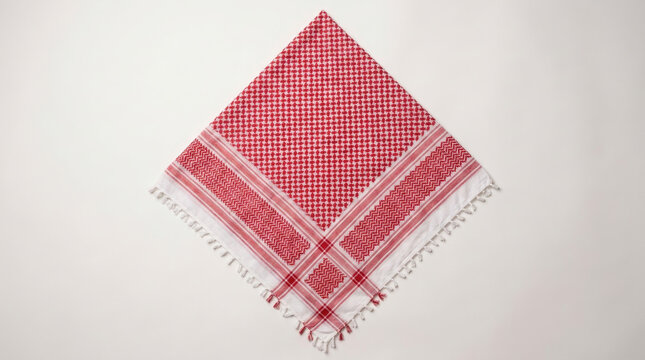 Red keffiyeh scarf displayed flat, showcasing intricate patterns and fringed edges