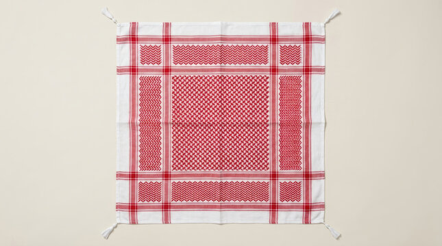 Traditional keffiyeh scarf with red patterns and white background, symbolizing cultural heritage