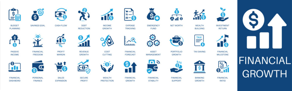 Financial growth solid icon set. Featuring passive income, asset management, financial freedom, tax saving, budget planning, and cash flow. Vector icons for finance apps and Corporate Reports.