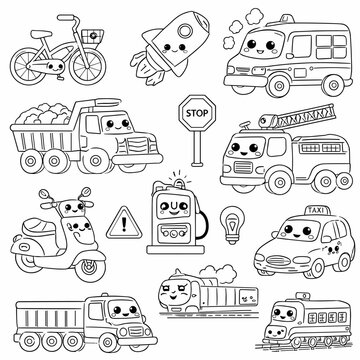  Cute Cartoon Vehicle Silhouette Set on White Background