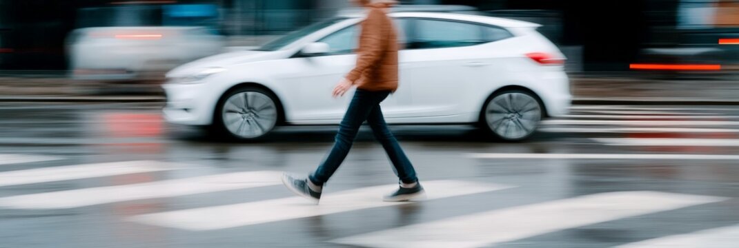 Young man walking on a pedestrian crossing while a white car speeds by on a wet city street, creating a near miss and highlighting the dangers of urban traffic