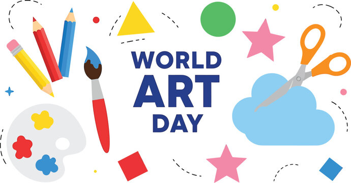 World Art Day greeting card with colorful stationery supplies including paint brush palette pencils and scissors illustration