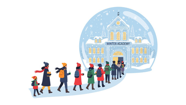 Winter Academy Queue: A line of diverse individuals, bundled in winter attire, queues up for entry into a snow-covered building labeled Winter Academy, all encased within a festive snow globe.