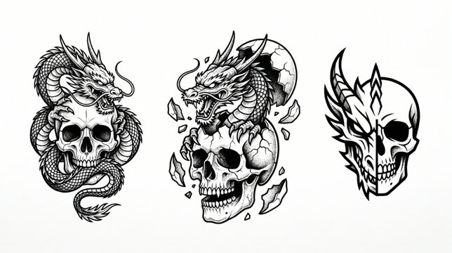 Dragon and Skull Tattoo Flash Sheet Three Variations Black Ink Vector Stencil Illustration Isolated on White Background