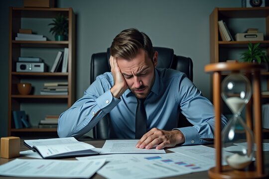 A dramatic image of a frazzled accountant facing a mountain of invoices and an ominous hourglass, representing the stress of an impending billing deadline.