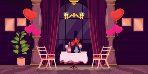 Fototapeta premium Vector illustration of a romantic date. Cartoon scene of an elegant evening room, a table with a bottle of wine, glasses, a vase of flowers, chairs, a chandelier, heart balloons. Valentine's Day.