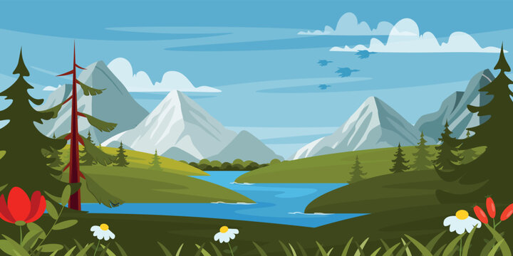 Vector illustration of a magical mountain landscape.Cartoon scene of mountains, meadows, river, fir trees, pine, bushes, flowers, rose hips, leaves,blades of grass,a key of migratory birds in the sky.