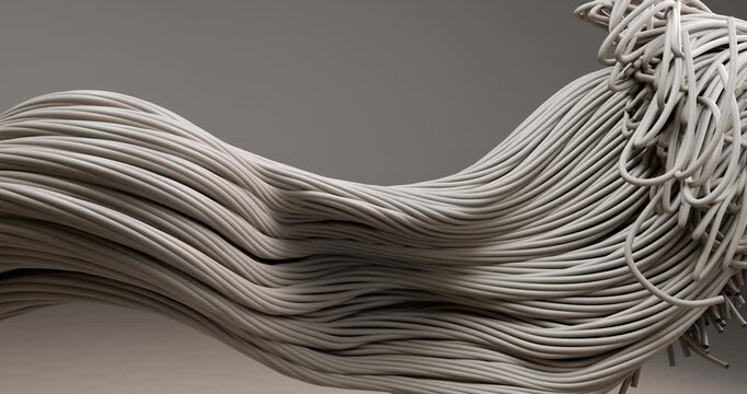 3d animation of a wave-like flow of thin threads.  The multitude of fibers in the bundles bends smoothly, emphasizing the dynamics and volume of the swirls. The composition is characterized by high co