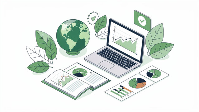 eco-friendly technology workspace with globe laptop charts leaves green digital data environmentally conscious
