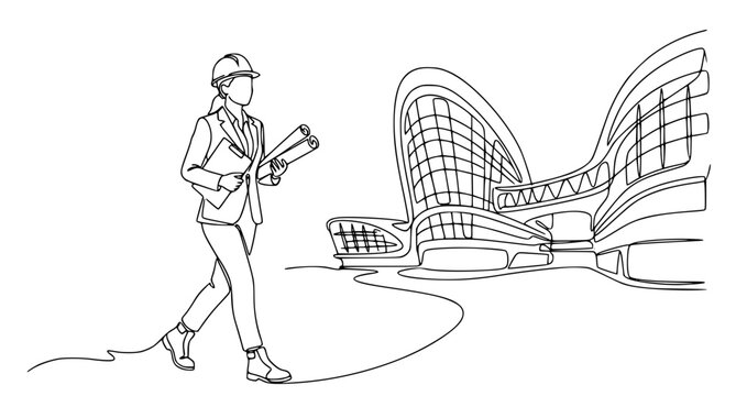 Elegant Continuous Line Drawing of Female Civil Engineer and Urban Real Estate