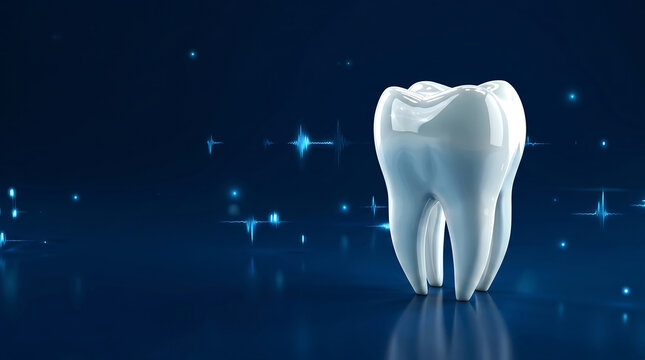 Highly detailed 3D render of a single bright white tooth against a futuristic cosmic space background with glowing stars