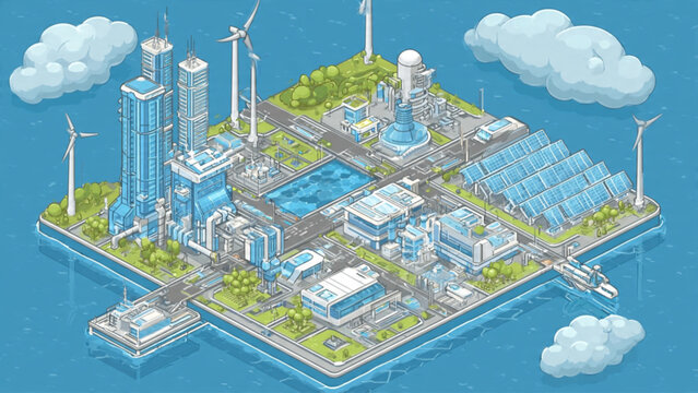 isometric cityscape with modern buildings wind turbines solar panels green spaces blue sky and clouds