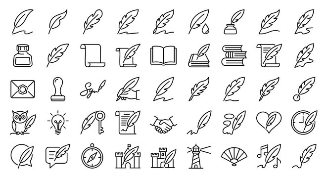 Set of thin line icons for writing, literature, and history