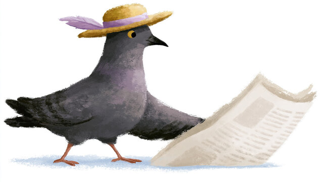 Pigeon wearing straw hat with newspaper on ground