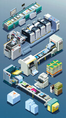 Fototapeta premium Automated warehouse with robotic conveyor systems and storage units in a high-tech logistics facility