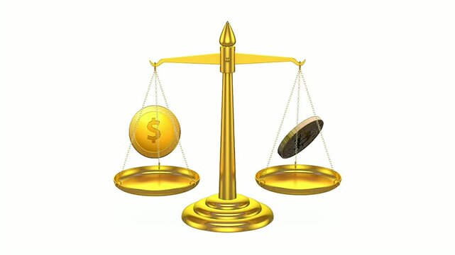Golden balance scale weighing a US dollar coin against a Bitcoin coin, symbolizing financial investment concepts and cryptocurrency value comparison
