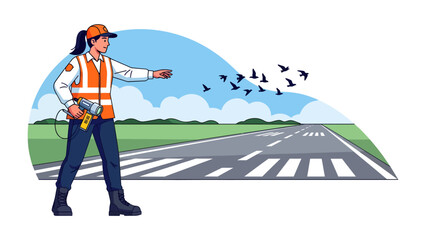 Airport Wildlife Control: A female worker in a safety vest stands on an airport runway, using a device to scare away a flock of birds, ensuring flight safety © Hussain