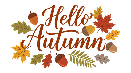 Hello Autumn Greeting: A charming hand-drawn illustration welcomes the autumn season with warm typography and festive autumnal elements like falling leaves and acorns. © Joynob