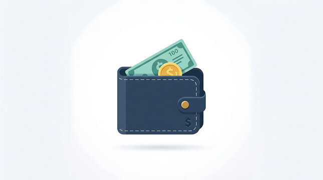 A navy blue leather wallet with a gold button and stitching containing a 100 bill and a gold coin with a dollar sign symbolizing financial savings and wealth management
