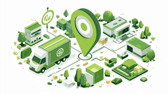 isometric green logistics map with delivery truck and location pin abstract background for supply chain and transportation concepts