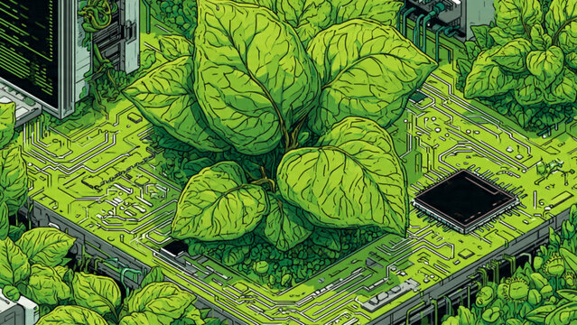 Digital green leaves growing on circuit board representing technology and nature integration in a vibrant, detailed illustration