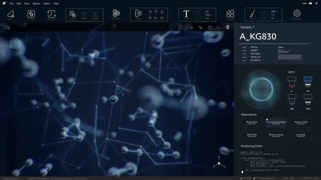 Advanced Medicine. AI Software Interface Analyzing Molecular Structures for Gene Editing Therapy, Targeting Disease Treatment, Longevity Research. Drug Development. Mockup Future Health Care Concept