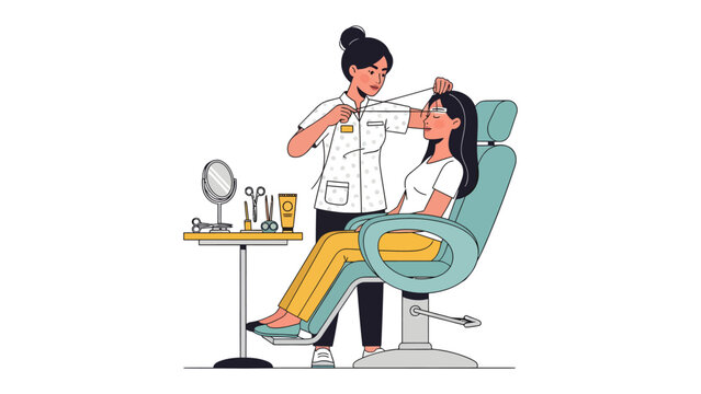 Eyebrow Threading Procedure: An illustration depicts a beautician meticulously threading a client's eyebrow in a salon setting, showcasing a detailed beauty treatment.
