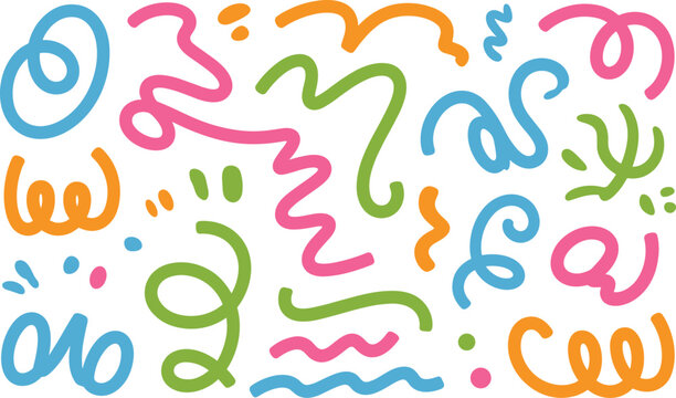 Vibrant hand-drawn abstract colorful squiggles and playful swirls dance across a bright white studio backdrop with joyful energy.