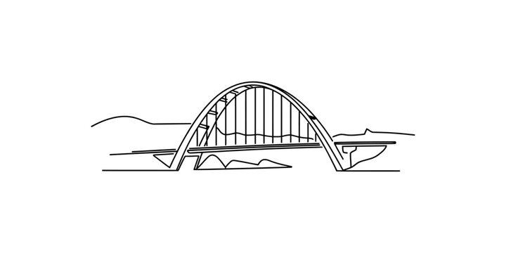 Simple line drawing of a modern arch bridge showing structural engineering design with minimalist black lines for architecture and construction projects