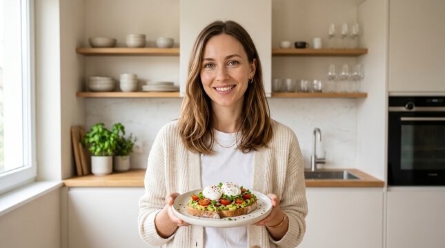 Smiling Woman Holding Healthy Salad in Kitchen