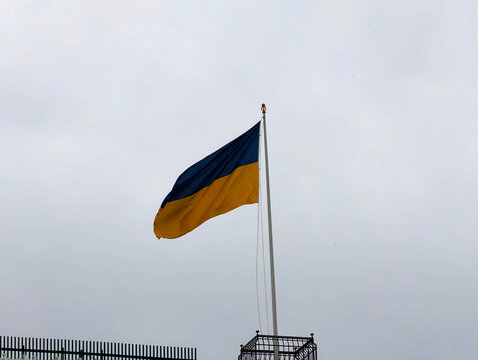 Ukrainian flag waving in the wind under an overcast sky