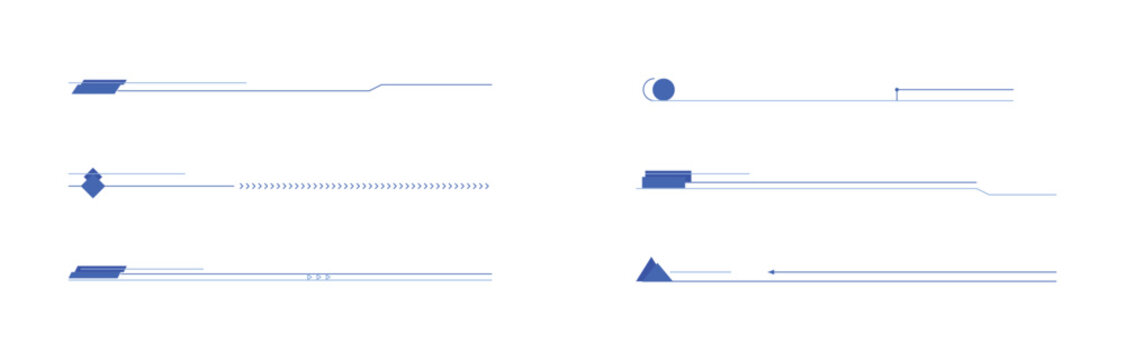 Set of six minimal digital callout title text box lower third frames with abstract blue shapes over isolated white background