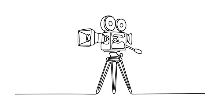 Continuous single line drawing of an old vintage movie camera on a tripod for filmmaking cinema production and video recording conceptual art design