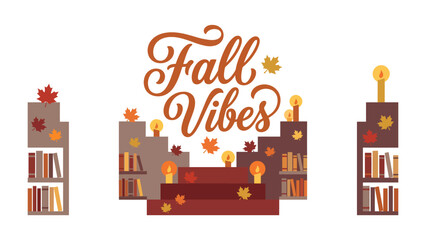 Cozy Fall Vibes with Bookshelves: A charming autumn-themed display featuring bookshelves filled with books, decorated with fallen leaves and warm, glowing lights. © Md