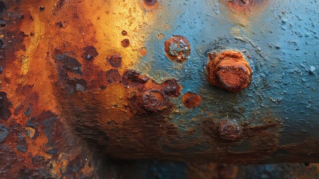 Close-up of severely corroded metal, showcasing rust, bolts, and flaking paint in shades of blue and orange