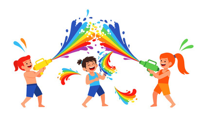 Fototapeta premium Rainbow Battle of Joy: Three cheerful children engage in a vibrant water gun fight, sending colorful streams of rainbow water soaring into the air, symbolizing pure summer fun and playful camaraderie.