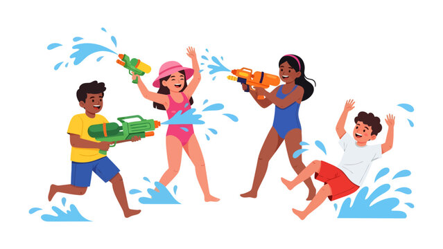 Summer Fun Water Fight: Four energetic children joyfully engage in a lively water gun fight, splashing water and laughing as they enjoy a sunny summer day.