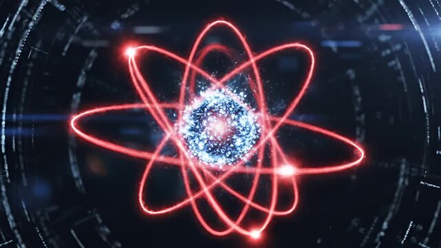 Abstract Atomic Structure with Glowing Orbits and Nucleus.
