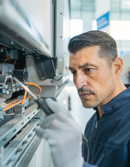 Fototapeta premium Focused male electrician using screwdriver on industrial machinery component